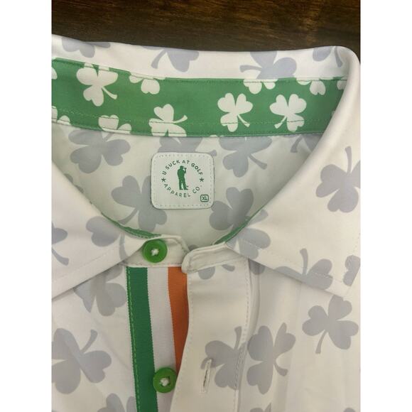 U Suck At Golf Polo Shirt Mens XL White Shamrock Leaf Clover Fighting Irish AOP - Picture 2 of 4